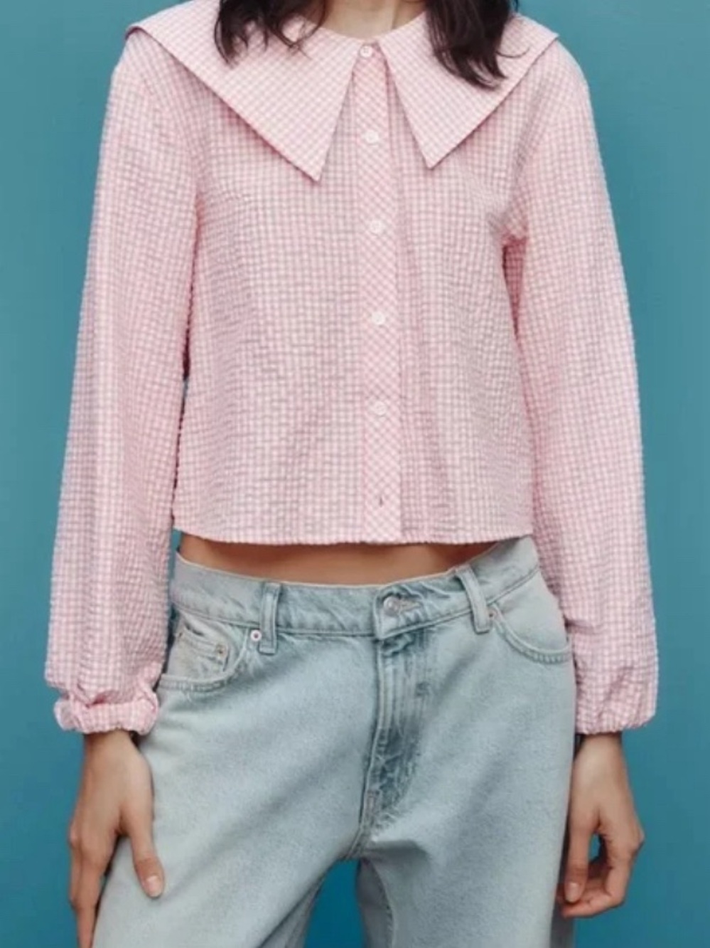 NWT Zara Pink Gingham Button-Front Cropped Blouse with Pointed Collar Size S